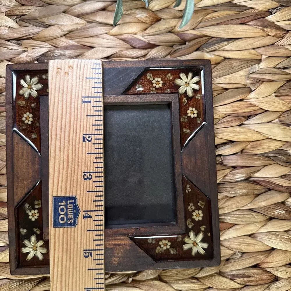 Handmade Mexican Wood 4x4 Picture Frame Pressed Floral Resin Folk Art Vintage